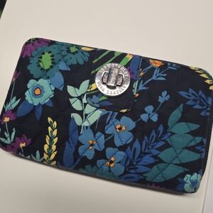 Bradley RFID Turnlock Wallet in the "Midnight Blues" floral pattern
